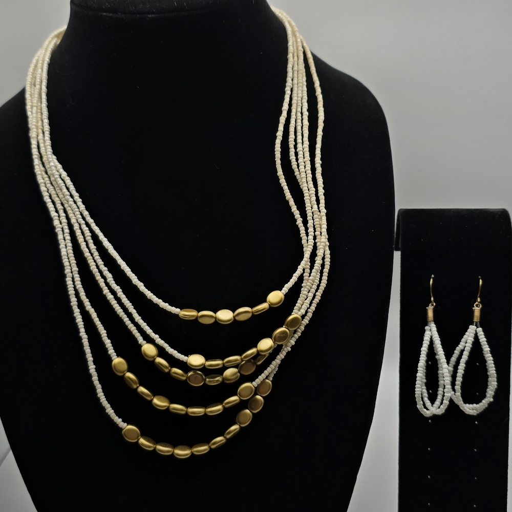 Gold and Cream Beaded Necklace and Earring Set